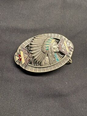 Vintage Native Chief Oval Belt Buckle with Turquoise color Accents